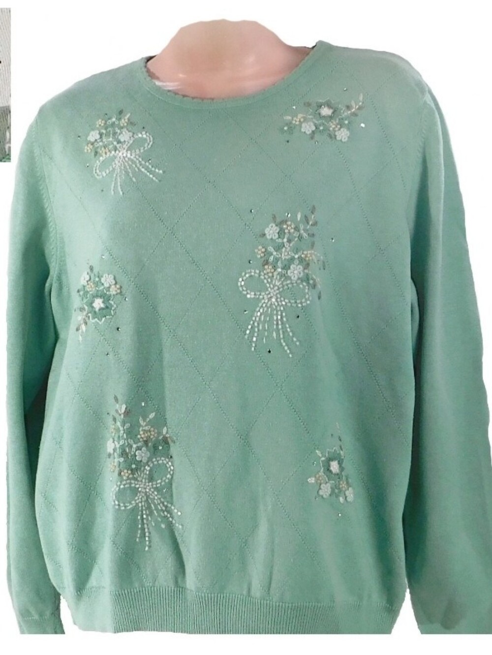 Vintage Alfred Dunner Embellished Beaded Embroidered Teal Crewneck Sweater S/M